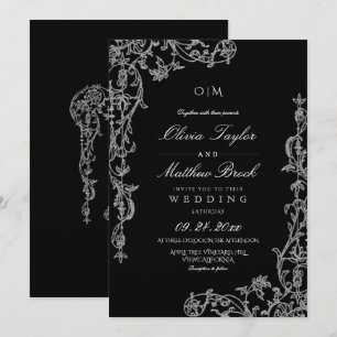 Black & White French Elegant Floral Wedding Invitation