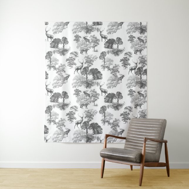 Black White French Toile Deer Fox Forest Pattern Tapestry (In Situ)
