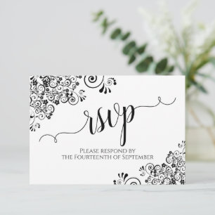 Black & White Frilly Elegant Calligraphy Wedding RSVP Card
