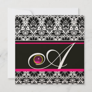 BLACK WHITE FUCHSIA DAMASK MONOGRAM Amethyst Gold Invitation