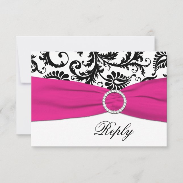 Black, White, Fuchsia Damask Reply Card (Front)