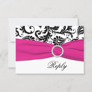 Black, White, Fuchsia Damask Reply Card