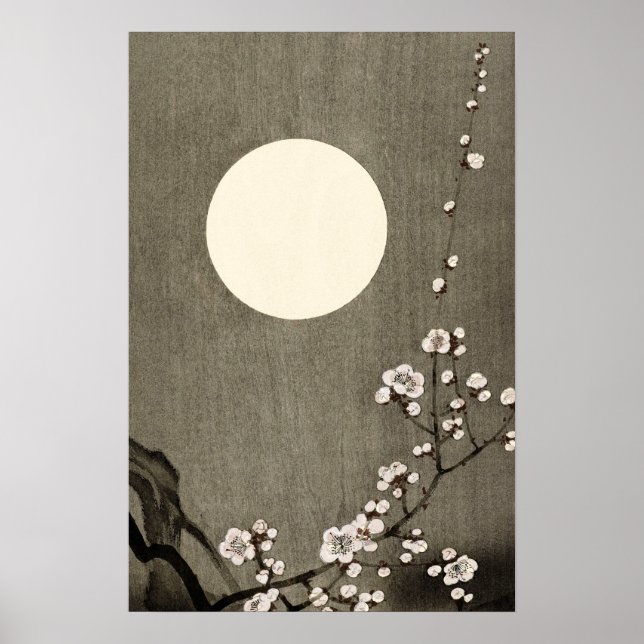 Black White Full Moon Cherry Blossom Art Poster (Front)
