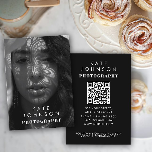 Black White Full Photo QR Code Social Media Business Card (Black White Full Photo QR Code Social Media Business Card)