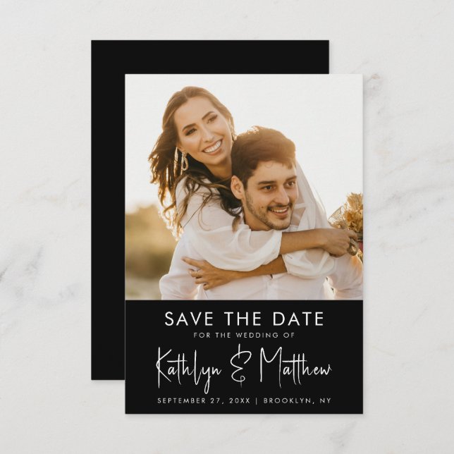 Black & White Fun Script Modern Photo Wedding Save The Date (Front/Back)