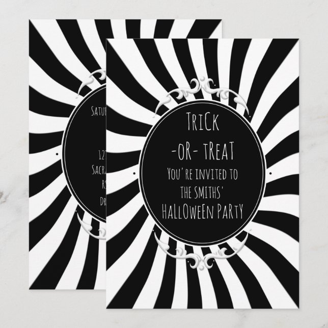 Black White Fun Whimsical Stripes Halloween Party Invitation (Front/Back)