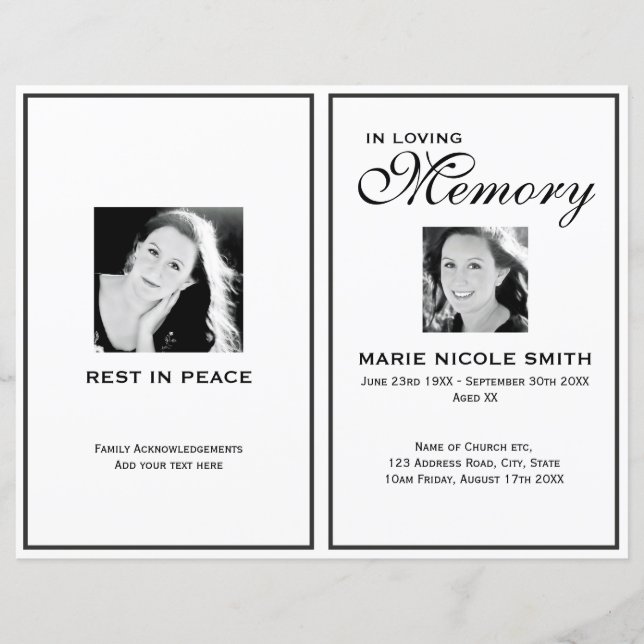 Black & White Funeral Order of Service Program (Front)