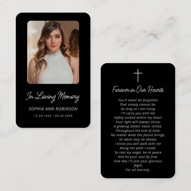 Black White Funeral Photo Memorial Prayer Card (Front/Back)