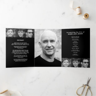Black white Funeral service mono custom photos  Tri-Fold Programme