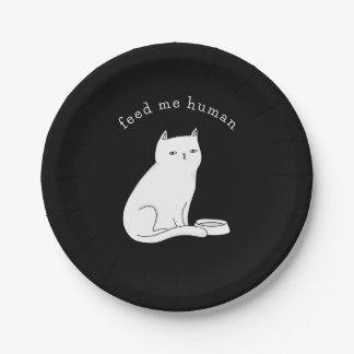Black white funny cat "feed me human" paper plate