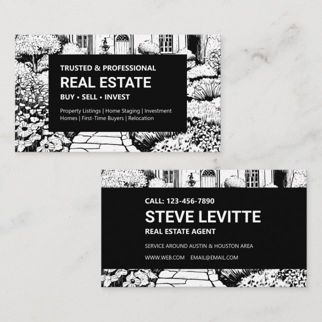 Black & White Garden Real Estate Agent Business Card (Front/Back)