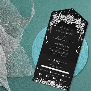 Black, white garland silver confetti wedding all in one invitation