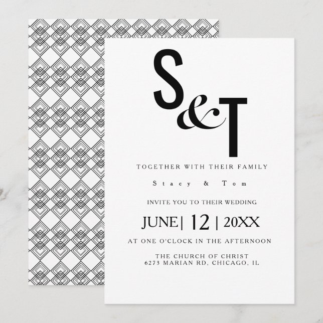 Black White Geo Back Typography Wedding Invitation (Front/Back)