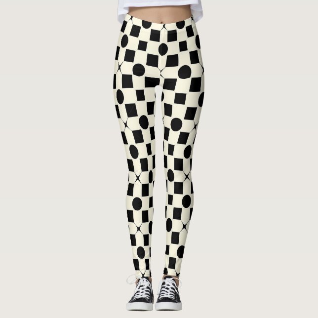 ⚫ Black & White Geo Glow ✨ Circles Pattern Modern Leggings (Front)