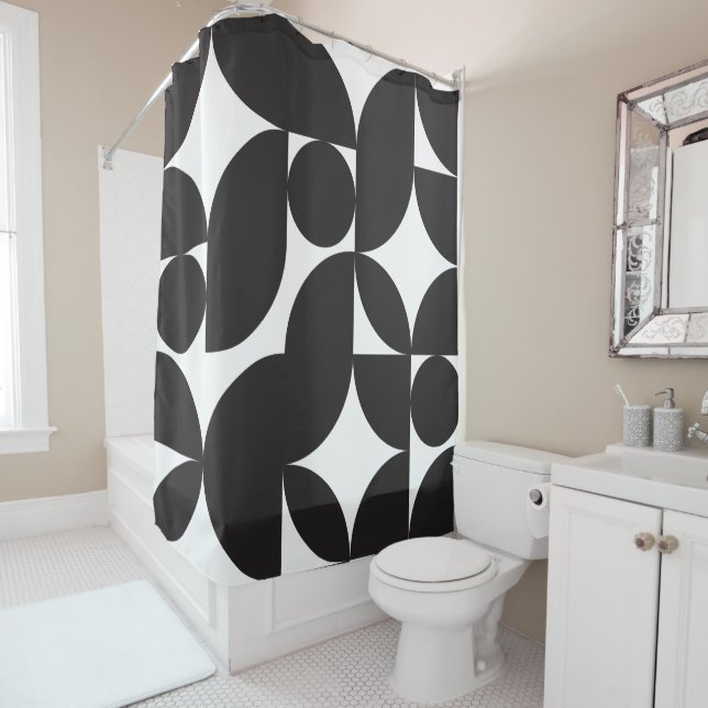 Black White Geometric Abstract Mid Century Modern Shower Curtain (In Situ)
