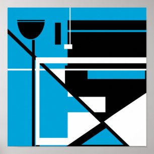 Black White Geometric Abstract on Medium Blue Poster