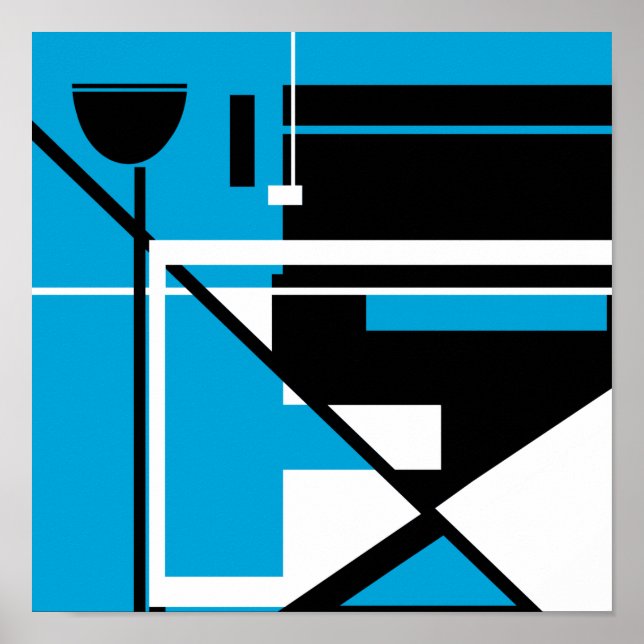 Black White Geometric Abstract on Medium Blue Poster (Front)