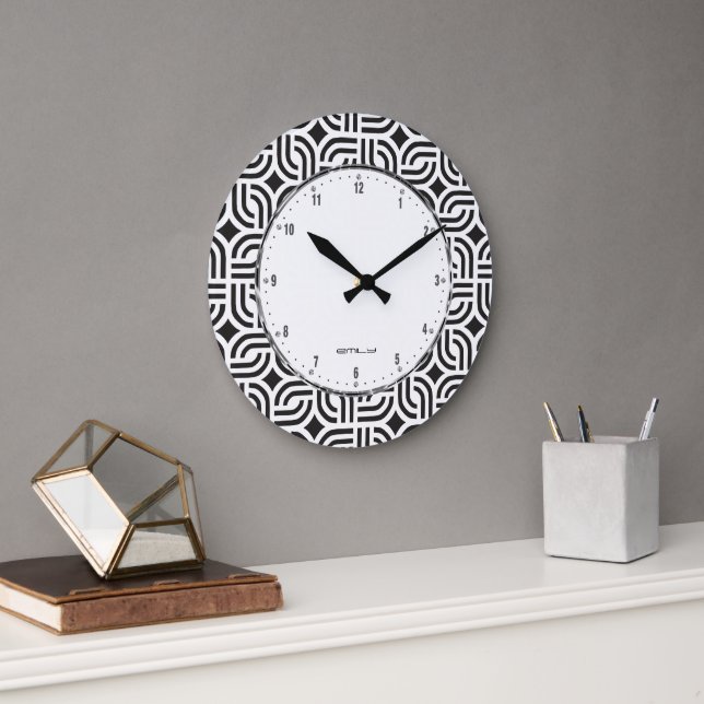 Black White Geometric Antique Pattern Large Clock (Office)