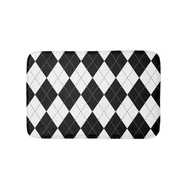 Black White Geometric Argyle Pattern Bath Mat (Front)