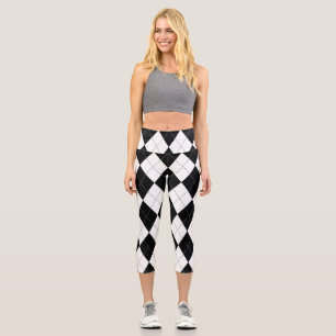 Black White Geometric Argyle Pattern Capri Leggings