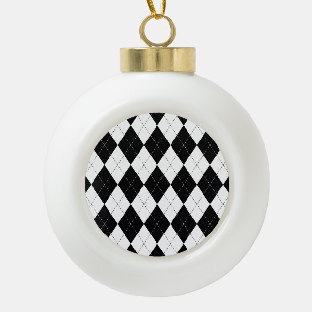 Black White Geometric Argyle Pattern Ceramic Ball Christmas Ornament (Front)