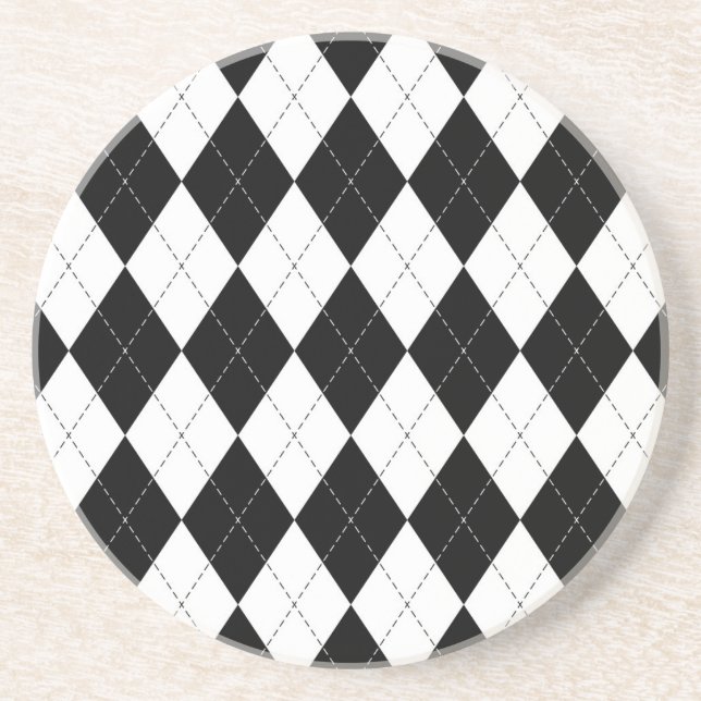 Black White Geometric Argyle Pattern Coaster (Front)