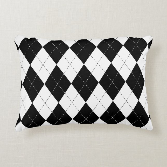 Black White Geometric Argyle Pattern Decorative Cushion (Front)