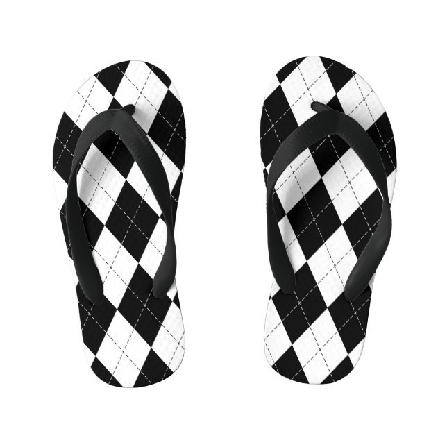 Black White Geometric Argyle Pattern Kid's Flip Flops (Footbed)