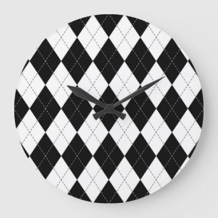 Black White Geometric Argyle Pattern Large Clock