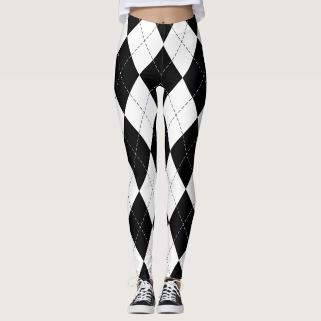Black White Geometric Argyle Pattern Leggings (Front)