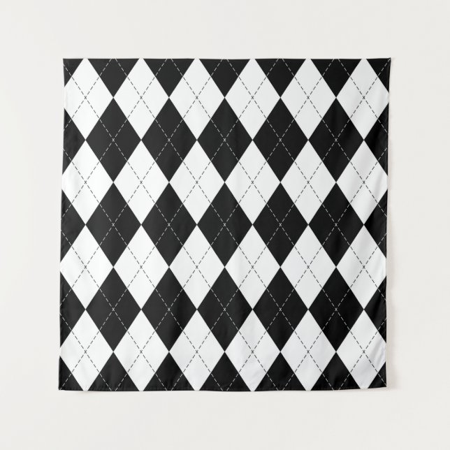 Black White Geometric Argyle Pattern Tapestry (Front)
