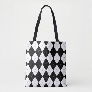 Black White Geometric Argyle Pattern Tote Bag