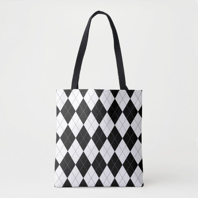 Black White Geometric Argyle Pattern Tote Bag (Front)