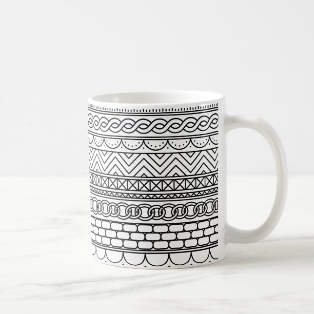 Black & White Geometric Border Sampler Pattern Coffee Mug (Right)