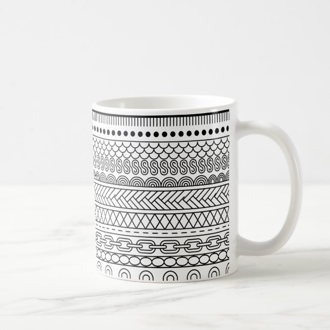 Black & White Geometric Border Sampler Pattern Coffee Mug (Right)