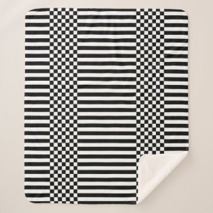 Black & White Geometric Checkers & Stripes Sherpa Blanket