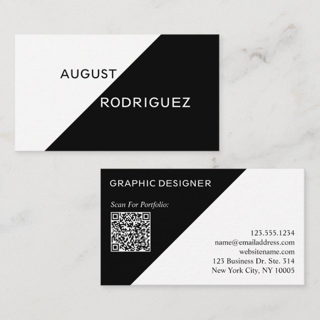 Black White Geometric Custom QR Code Business Card (Front/Back)