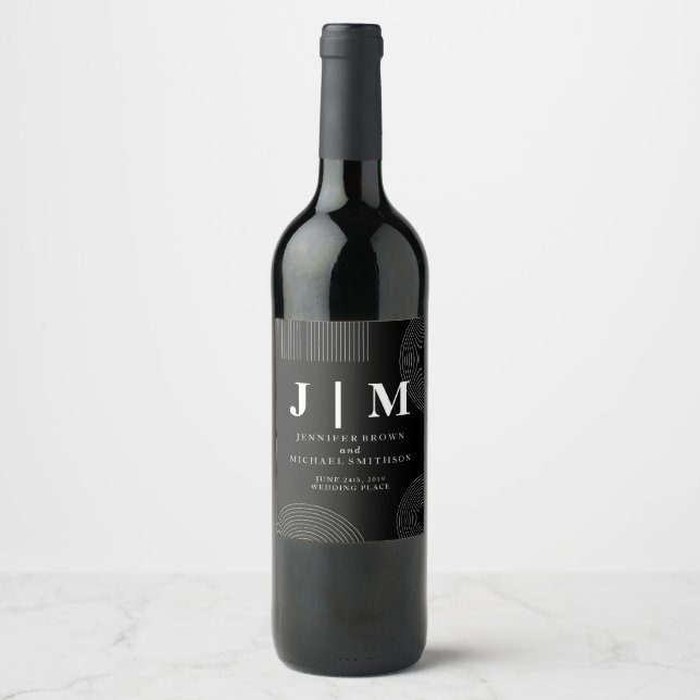 Black White geometric design Simple Art Wedding Wine Label (Front)