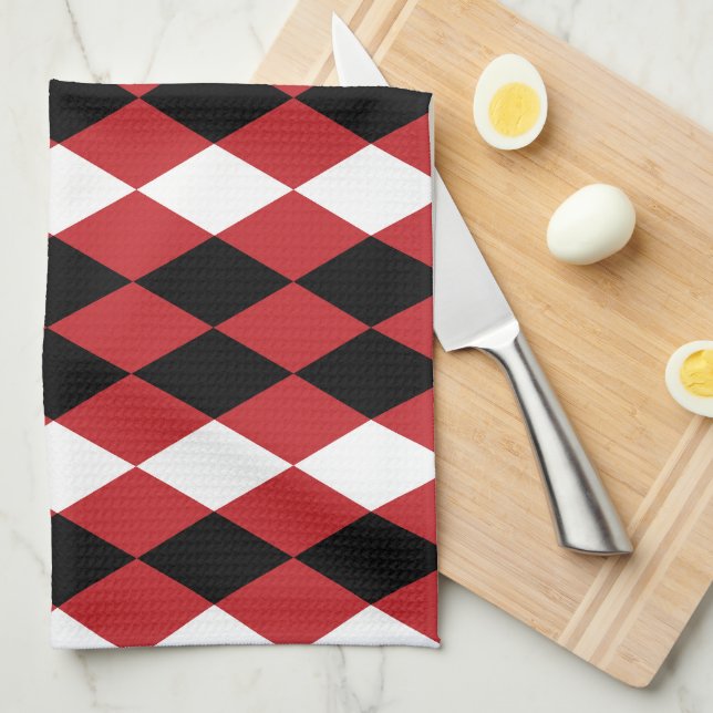 Black White Geometric Diamond On Red Background  Tea Towel (Quarter Fold)