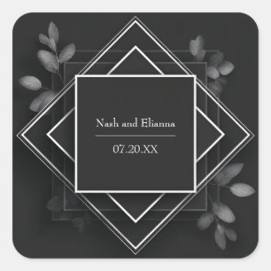 Black White Geometric Foliage Wedding Square Sticker