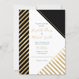 Black White Geometric Gold Stripes Modern Design Invitation