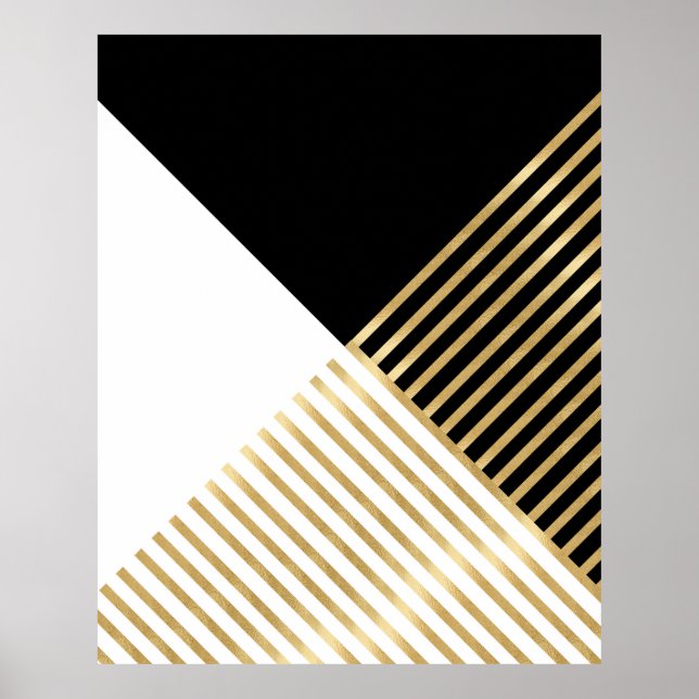 Black White Geometric Gold Stripes Modern Design Poster (Front)