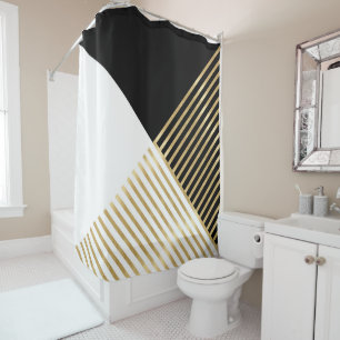 Black White Geometric Gold Stripes Modern Design Shower Curtain