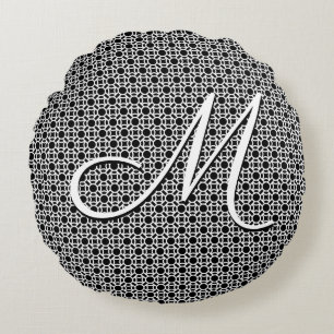 Black & White Geometric Initial Monogram Round Cushion