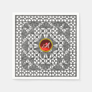 BLACK WHITE GEOMETRIC LACE RED GEM STONE MONOGRAM NAPKIN