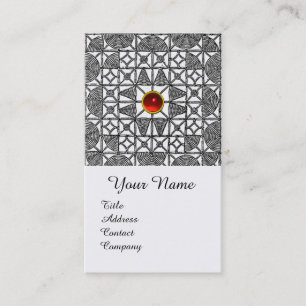BLACK WHITE GEOMETRIC LACE RED GEMSTONE MONOGRAM BUSINESS CARD