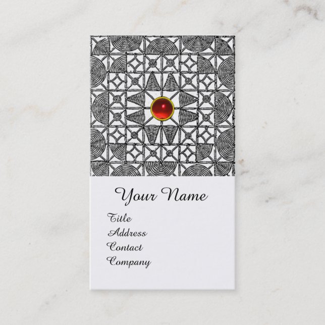 BLACK WHITE GEOMETRIC LACE RED GEMSTONE MONOGRAM BUSINESS CARD (Front)