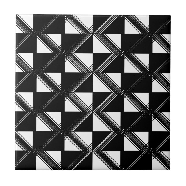 Black White Geometric Line Pattern Modern Check Tile (Front)