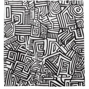 Black White Geometric Maze Abstract Line Shower Curtain