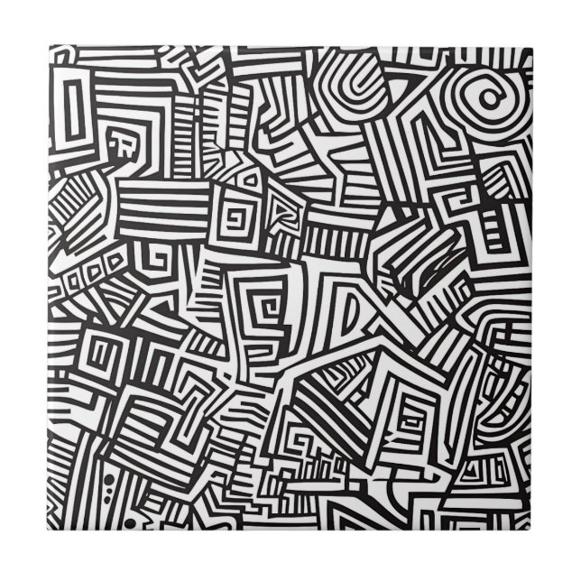 Black White Geometric Maze Abstract Line Tile (Front)